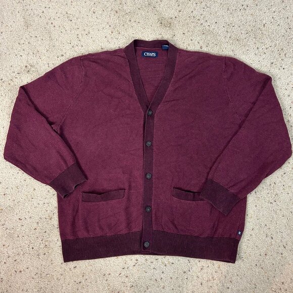 Vintage Chaps Deep Red V-neck Cardigan Sweater Preppy Academia Size XXL Men's - Picture 1 of 4